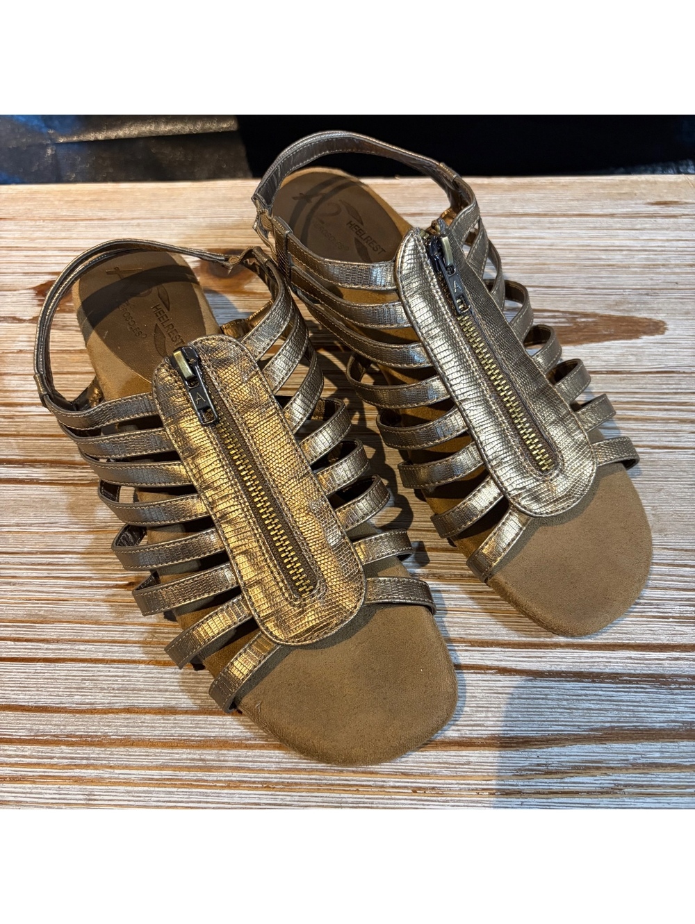 Aerosols Gold Metallic Strappy Slingback Sandals with Front Zipper